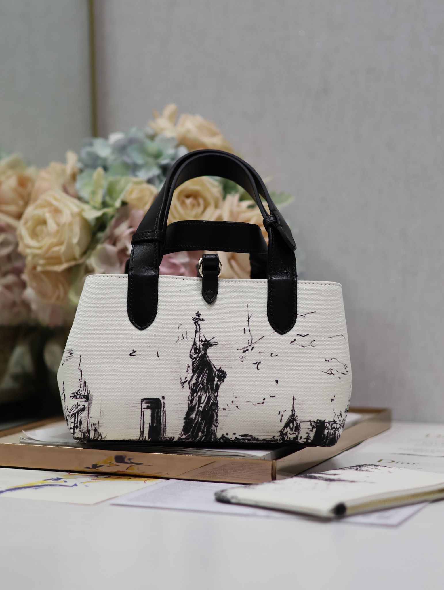 Small Dior Toujours Bag Latte and Black Canvas with New York Print